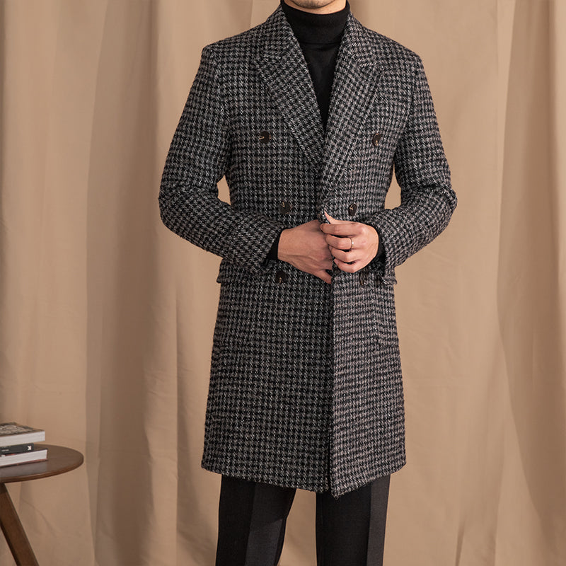 Men's Wool Double Breasted Houndstooth Trenchcoat