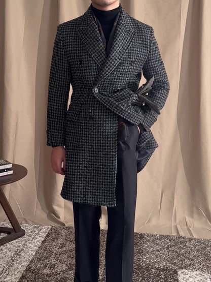 Men's Wool Double Breasted Houndstooth Trenchcoat