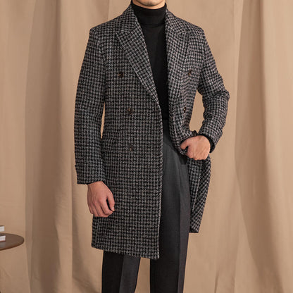 Men's Wool Double Breasted Houndstooth Trenchcoat