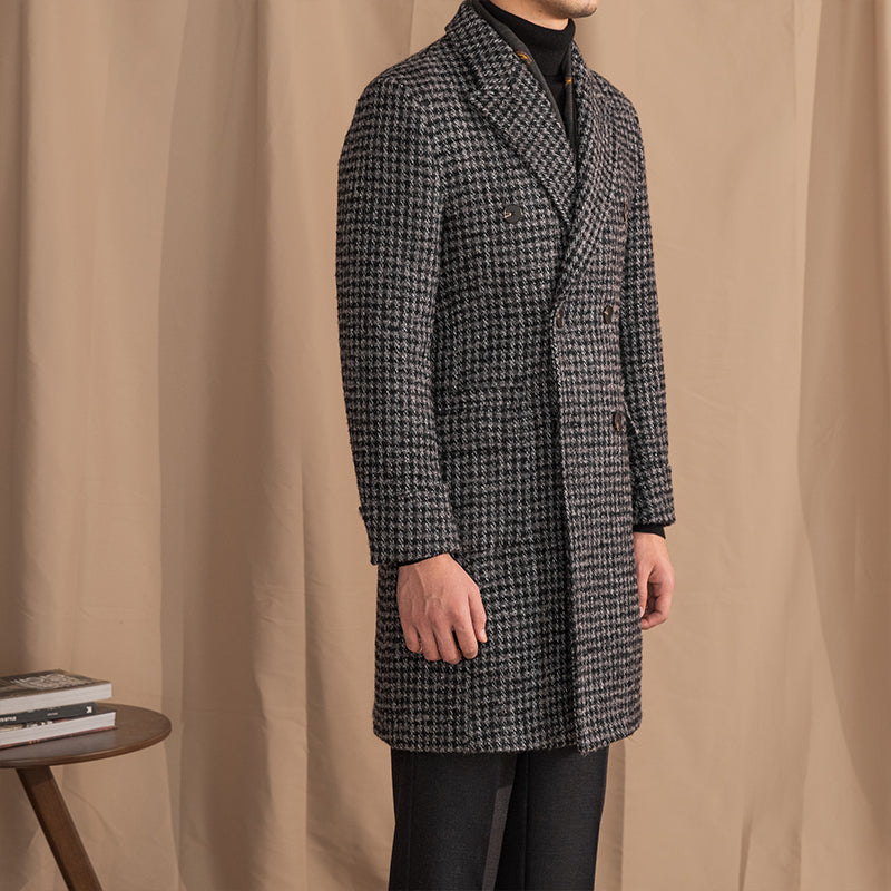 Men's Wool Double Breasted Houndstooth Trenchcoat