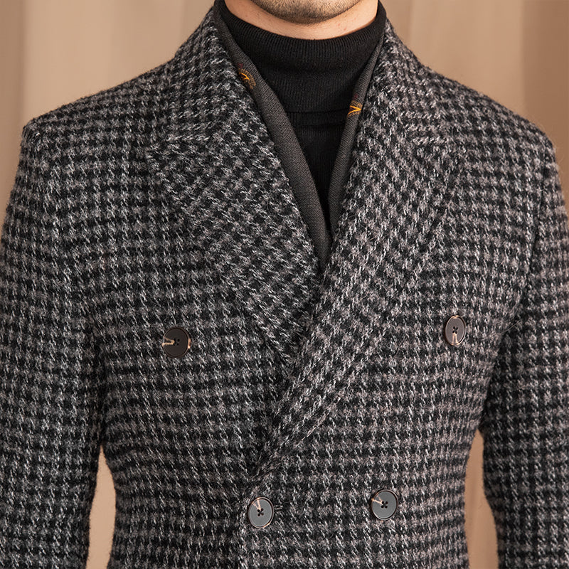 Men's Wool Double Breasted Houndstooth Trenchcoat