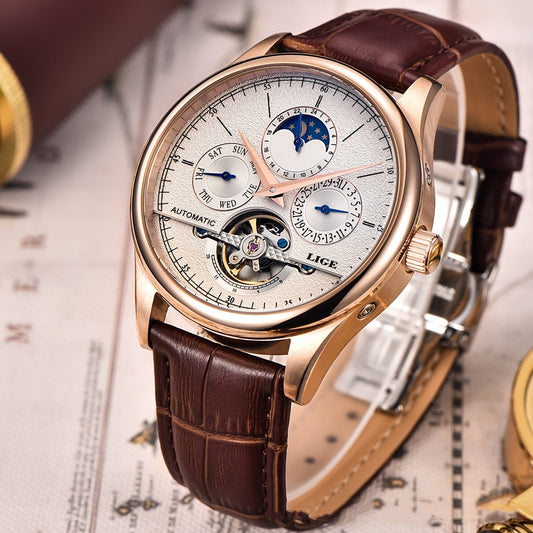 Men's Sleek Leather Strap Mechanical Watch
